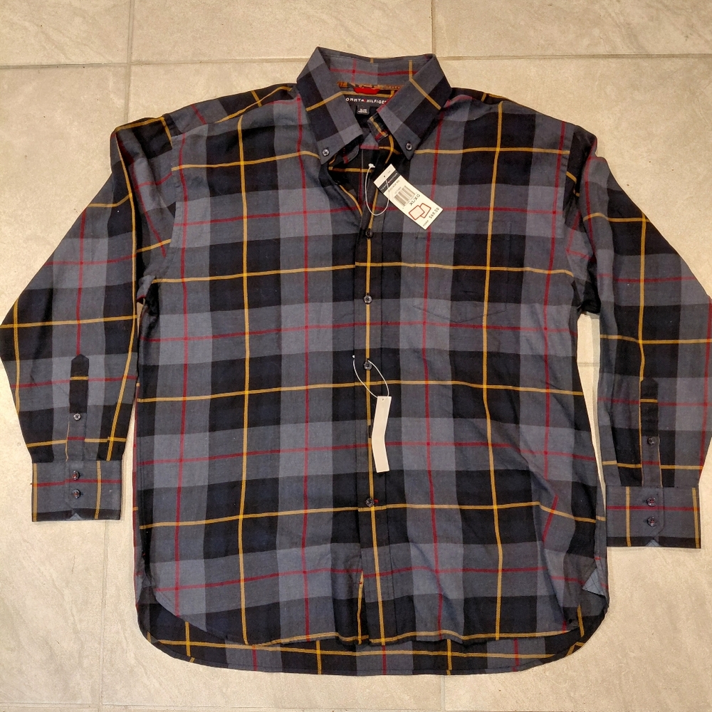 Tommy Hilfiger Mens Long Sleeve Grey Plaid Shirt 100% cotton XL